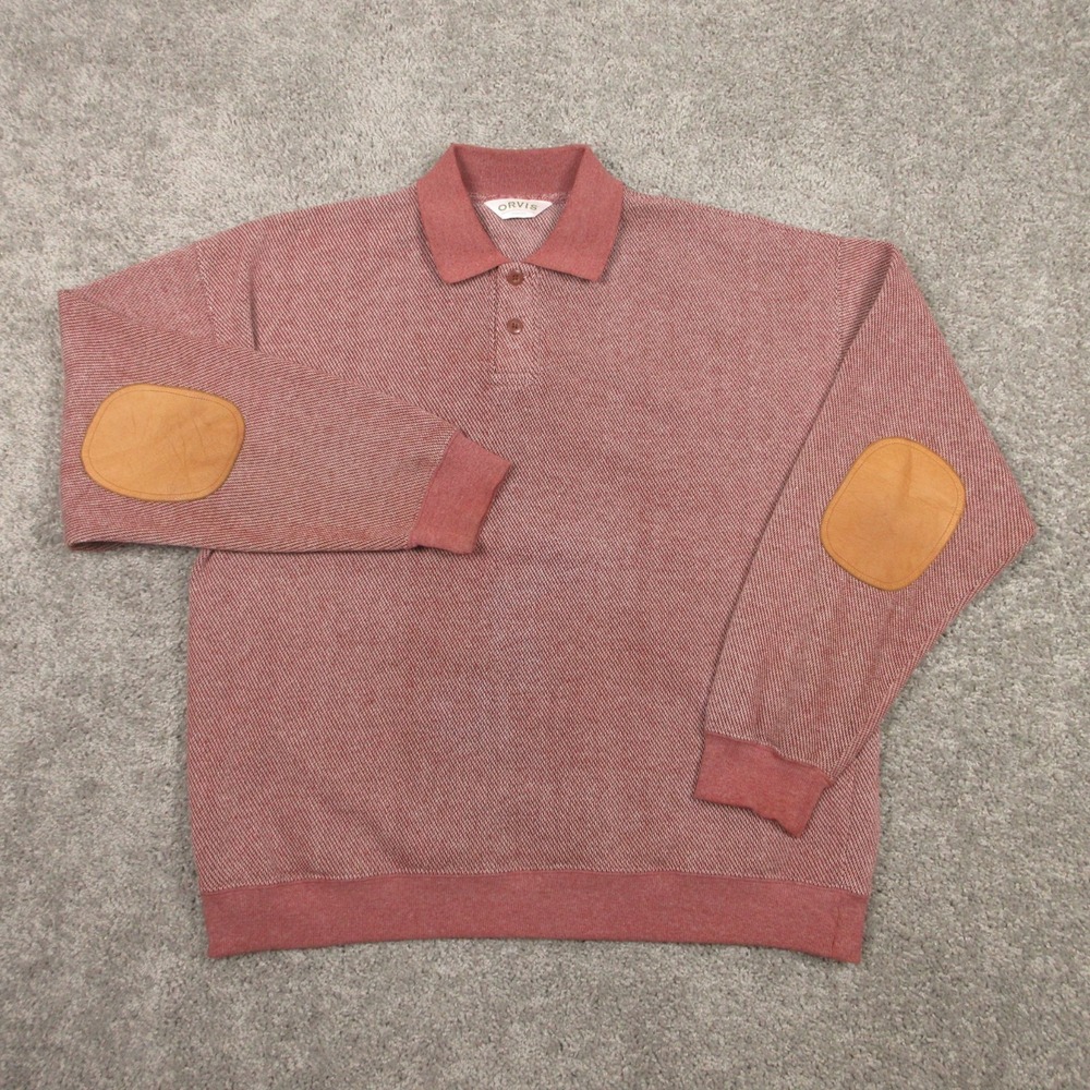 Orvis Sweater‎ Mens XL Red Polo Collared Elbow Patch Outdoor Faded Knit Pullover